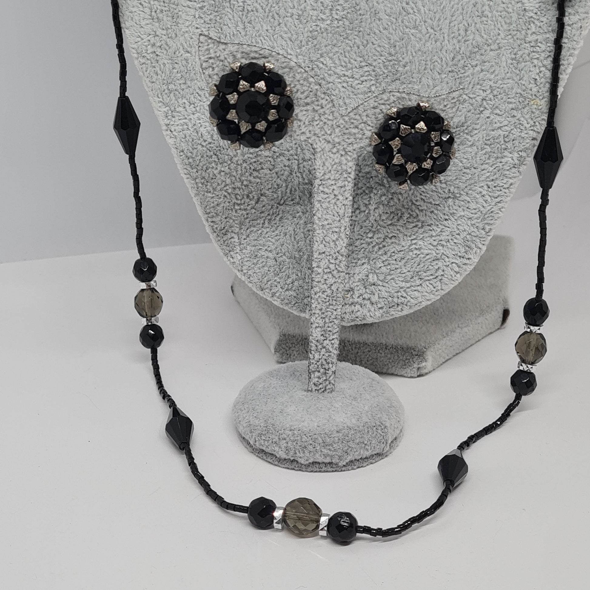 Vintage ROBERT ROSE Rhinestone Jewelry Set: Black Plastic Necklace and Clip-On Earrings