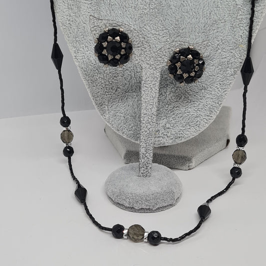 Vintage ROBERT ROSE Rhinestone Jewelry Set: Black Plastic Necklace and Clip-On Earrings