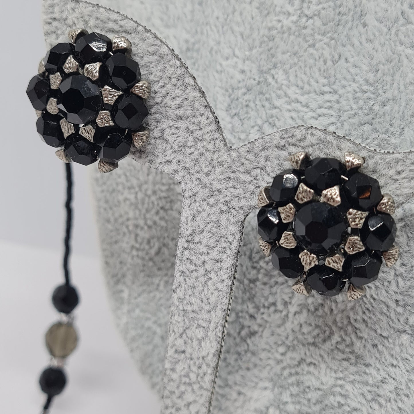 Vintage ROBERT ROSE Rhinestone Jewelry Set: Black Plastic Necklace and Clip-On Earrings