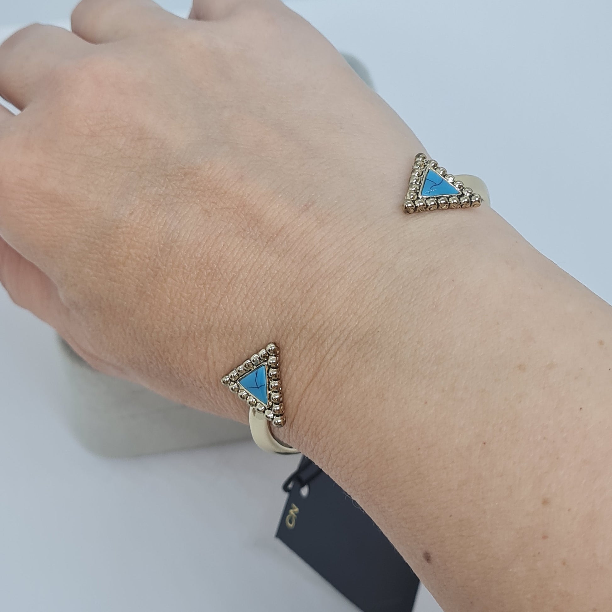 Vintage HOUSE OF HARLOW cuff bracelet Gold tone metal with blue triangle details cuff bracelet