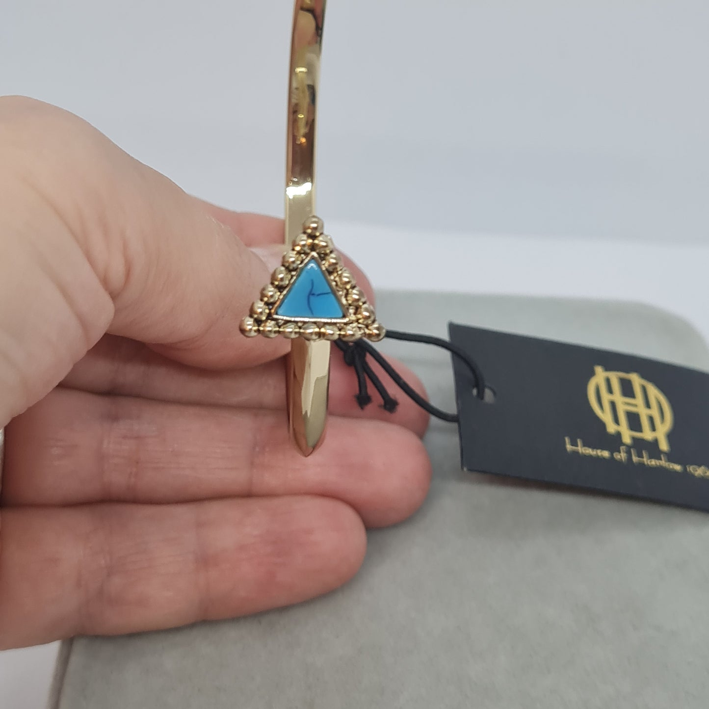 Vintage HOUSE OF HARLOW cuff bracelet Gold tone metal with blue triangle details cuff bracelet