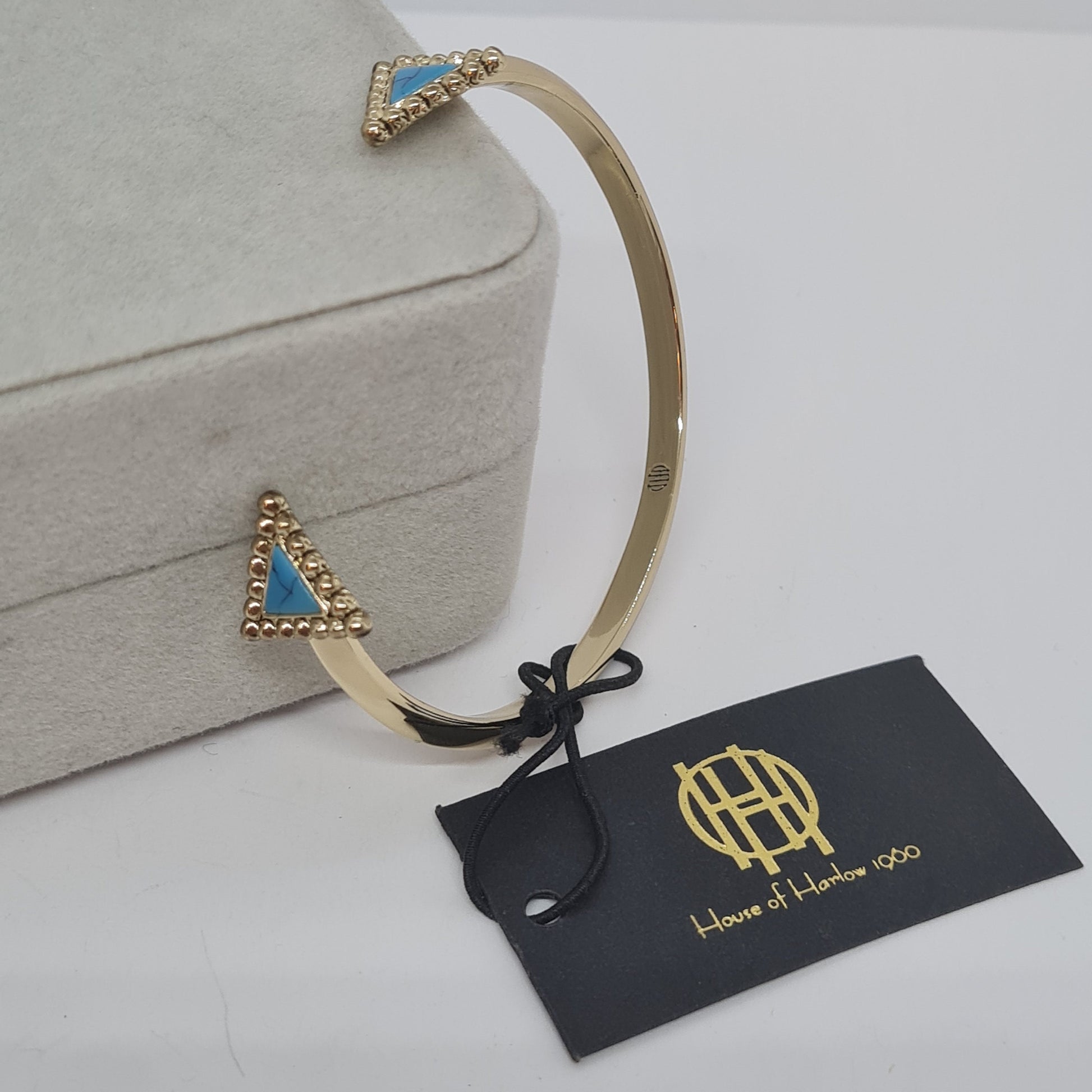 Vintage HOUSE OF HARLOW cuff bracelet Gold tone metal with blue triangle details cuff bracelet