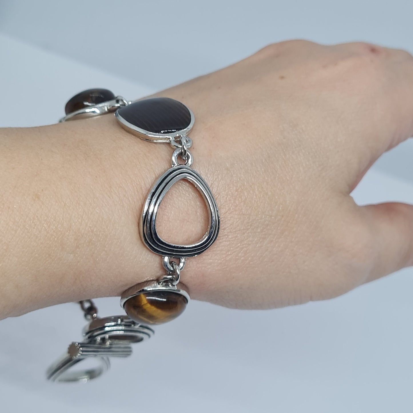 Vintage LIA SOPHIA bracelet Silver tone metal links with gemstone, enamel, and lucite cabochons Designer link bracelet