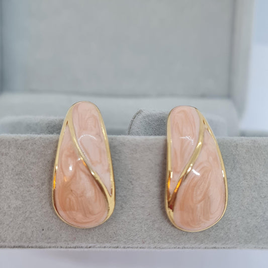 TRIFARI enamel earrings vintage. Gold-tone metal with peach-tone enamel. Designer teardrop enamel earrings for women.