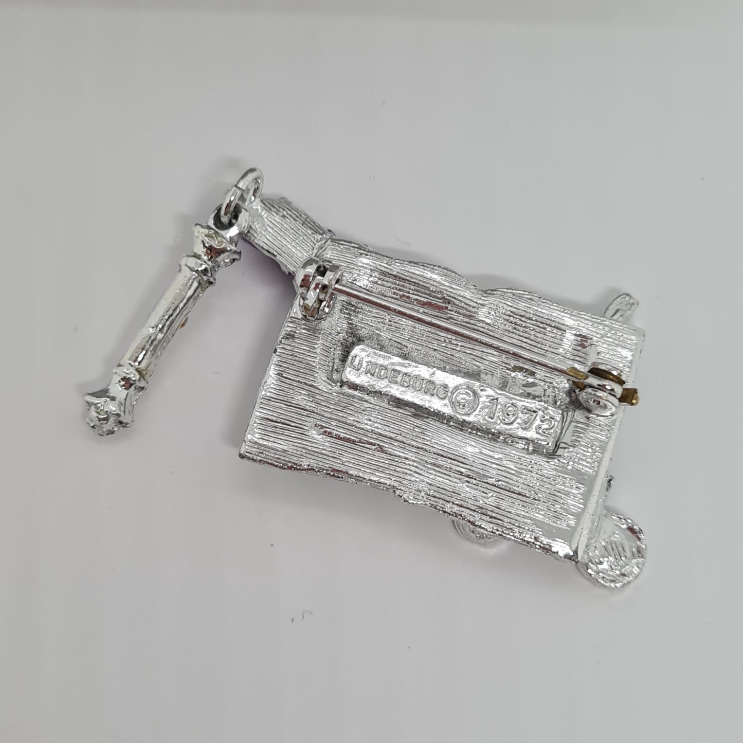 Vintage LINDEBURG 1972 Carriage Brooch: Silver-Tone AB Rhinestone & Purple Enamel