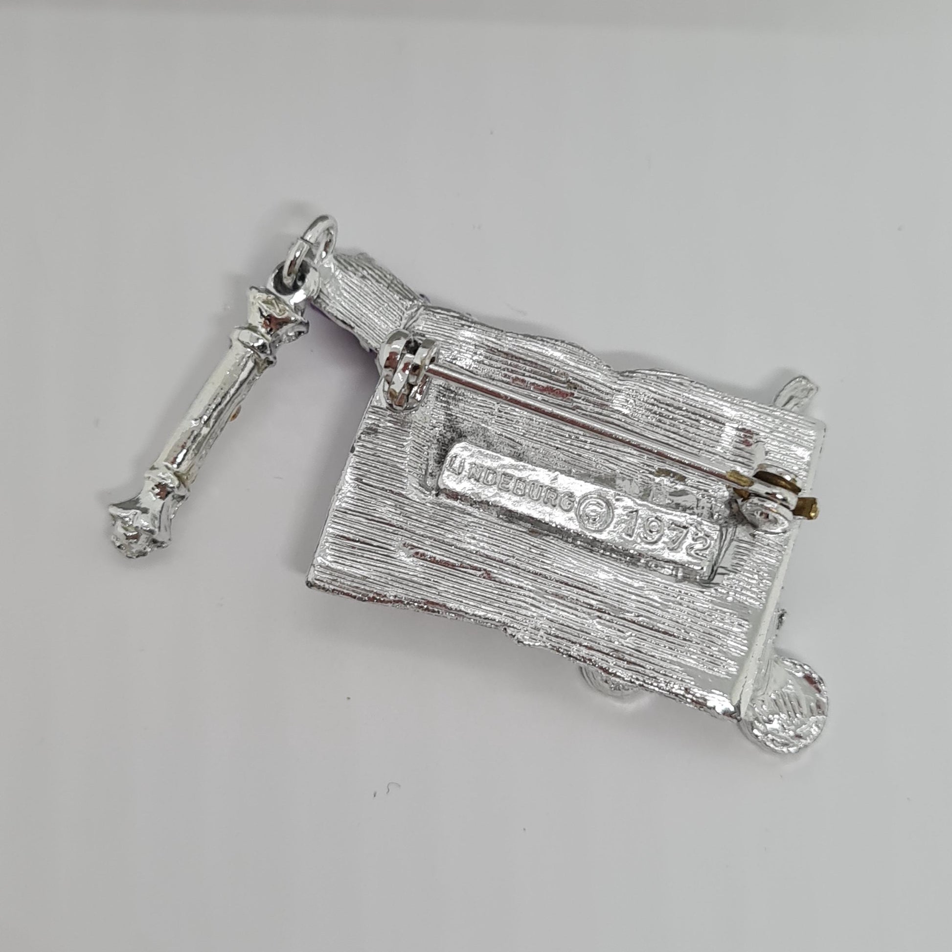 Vintage LINDEBURG 1972 Carriage Brooch: Silver-Tone AB Rhinestone & Purple Enamel