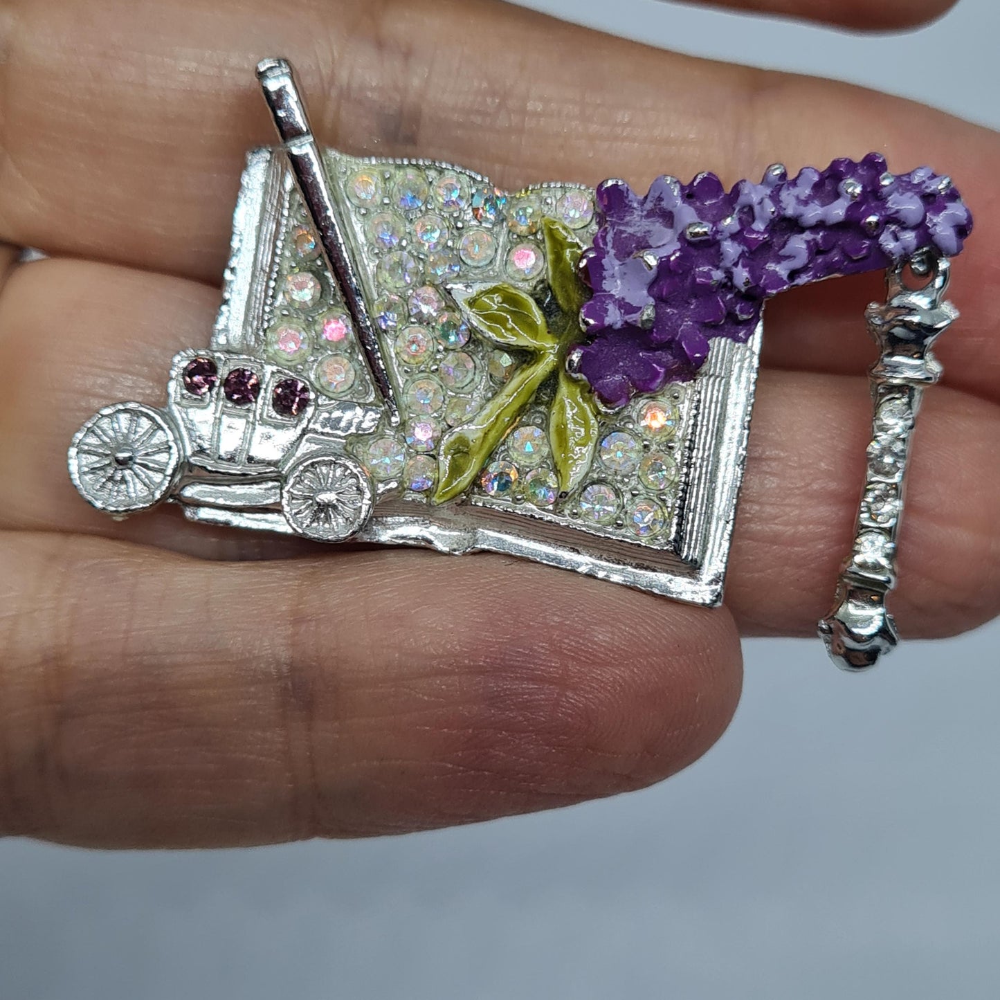 Vintage LINDEBURG 1972 Carriage Brooch: Silver-Tone AB Rhinestone & Purple Enamel