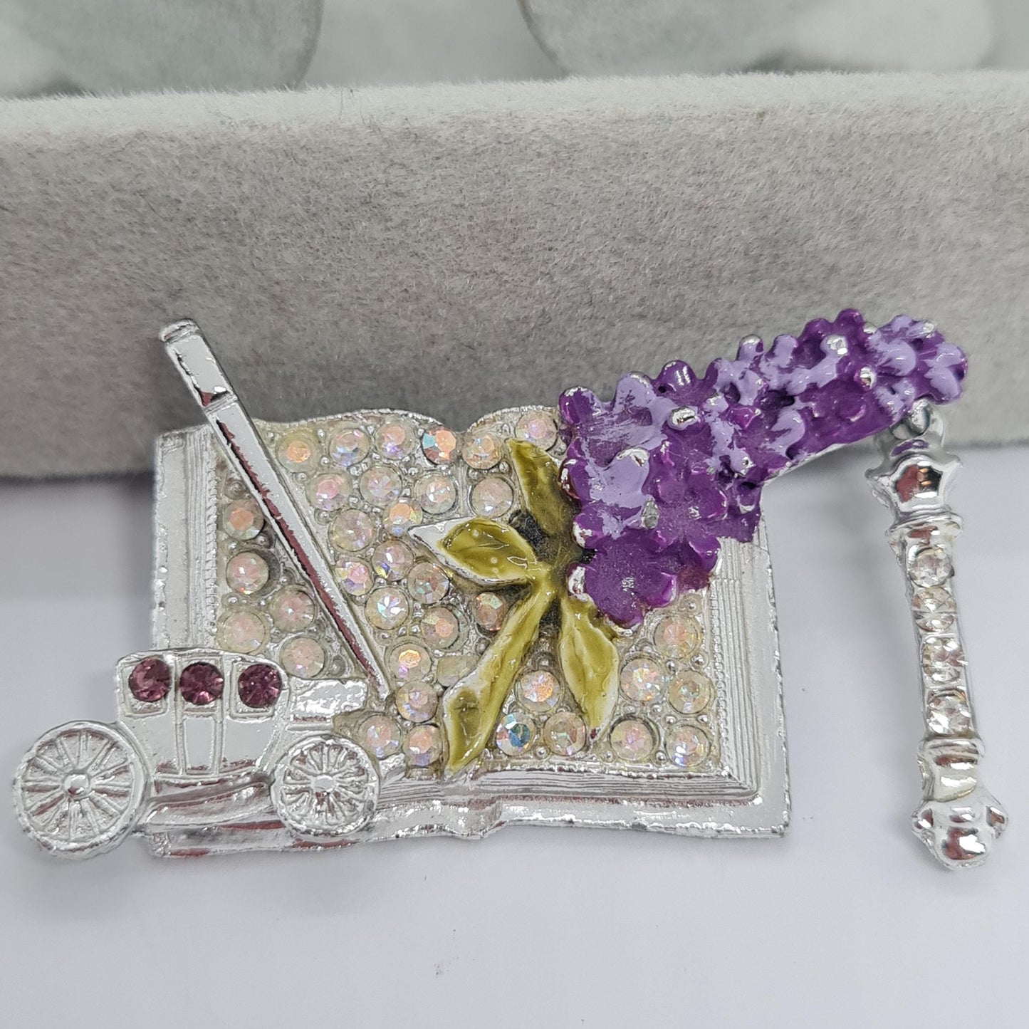 Vintage LINDEBURG 1972 Carriage Brooch: Silver-Tone AB Rhinestone & Purple Enamel