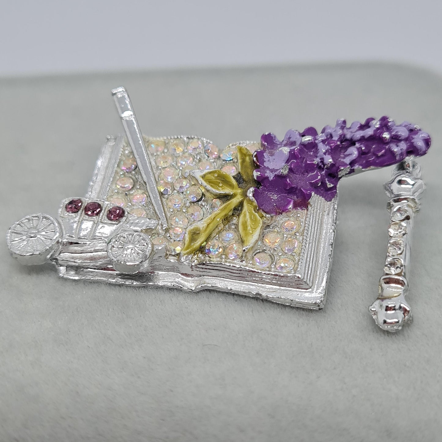 Vintage LINDEBURG 1972 Carriage Brooch: Silver-Tone AB Rhinestone & Purple Enamel