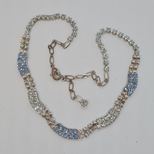 Vintage rhinestone choker necklace. Silver-tone chain with AB and blue rhinestone. Choker necklace for women.