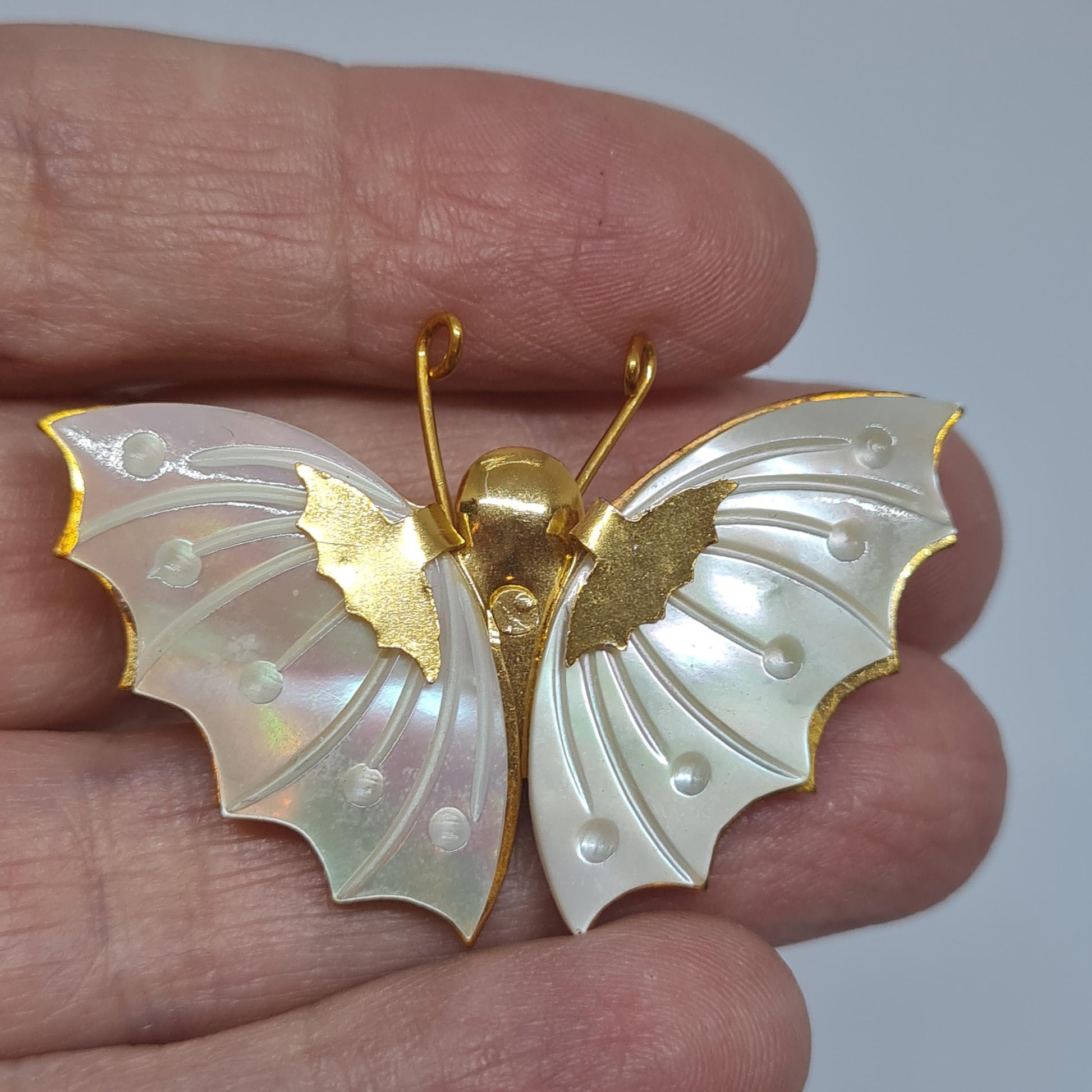 Vintage Gold Tone Butterfly Brooch with Mother of Pearl