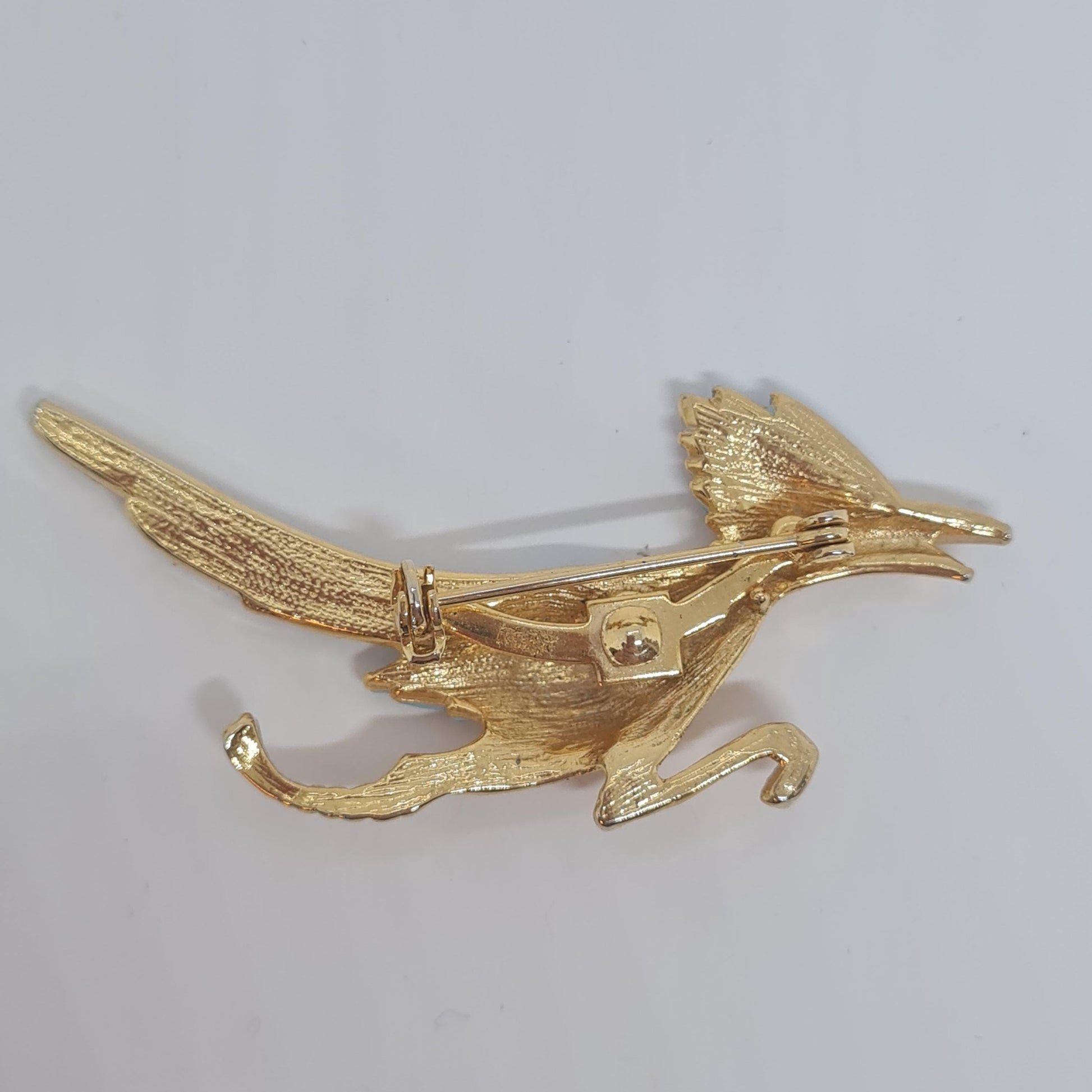 Vintage Road Runner Brooch: Gold Tone, Blue Enamel, Rhinestone Bird Pin