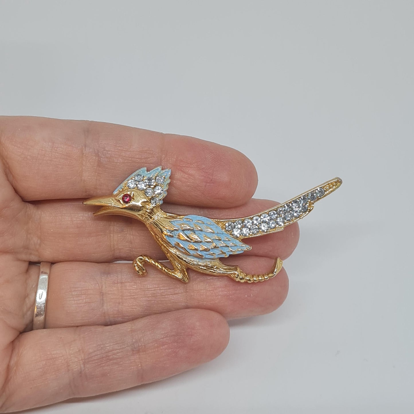Vintage Road Runner Brooch: Gold Tone, Blue Enamel, Rhinestone Bird Pin