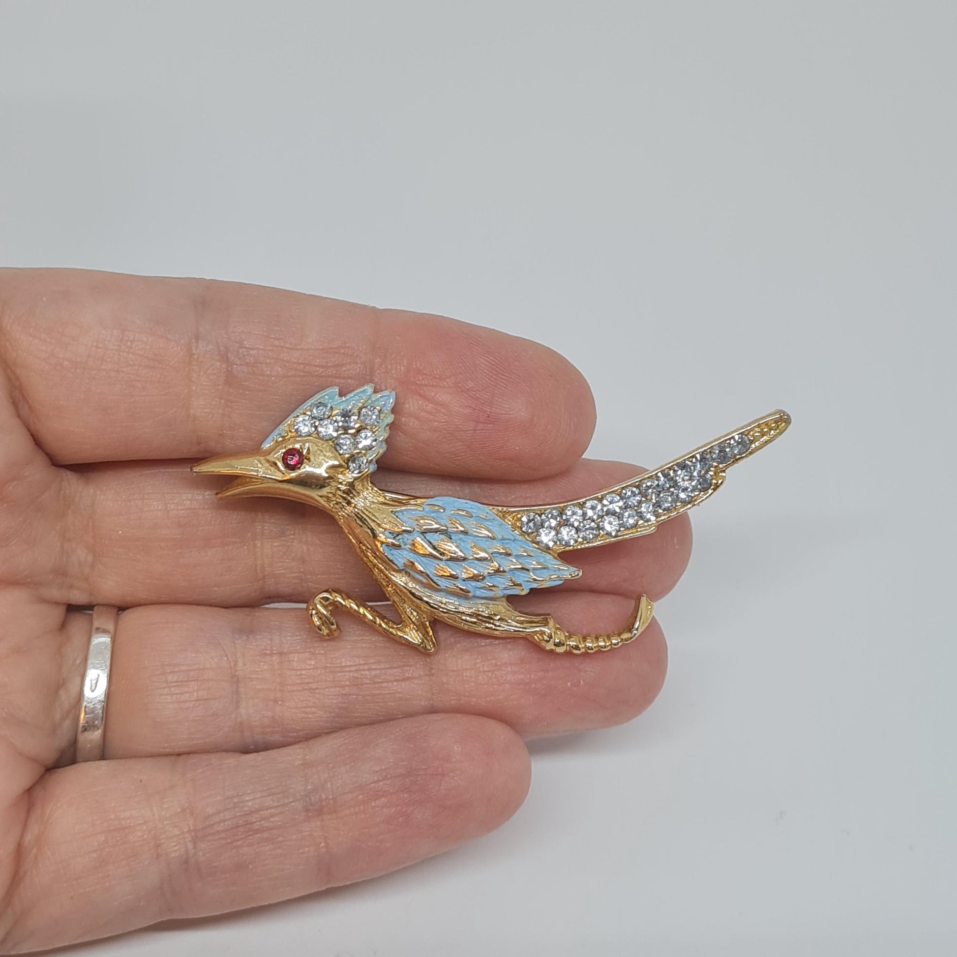 Vintage Road Runner Brooch: Gold Tone, Blue Enamel, Rhinestone Bird Pin