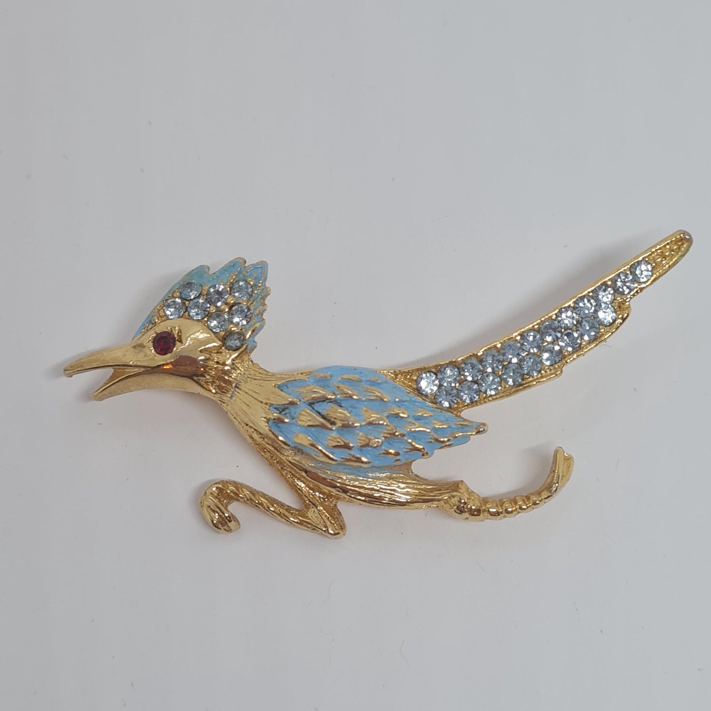Vintage Road Runner Brooch: Gold Tone, Blue Enamel, Rhinestone Bird Pin