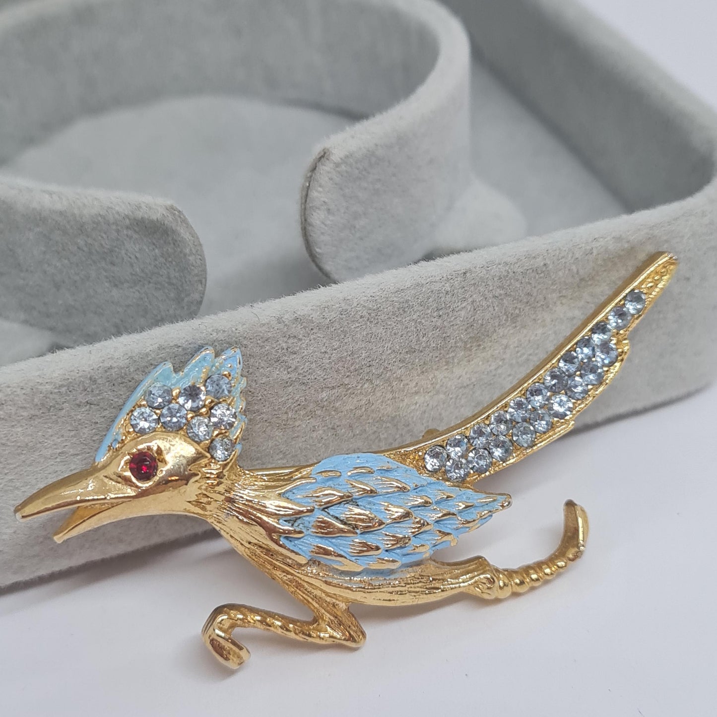 Vintage Road Runner Brooch: Gold Tone, Blue Enamel, Rhinestone Bird Pin