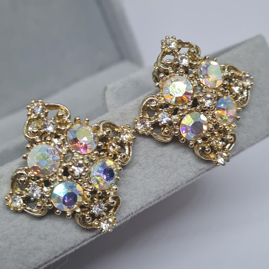 Vintage AB crystals clip-on earrings. Gold-tone metal square sparkly 60s ear clips. Gift idea for Christmas.