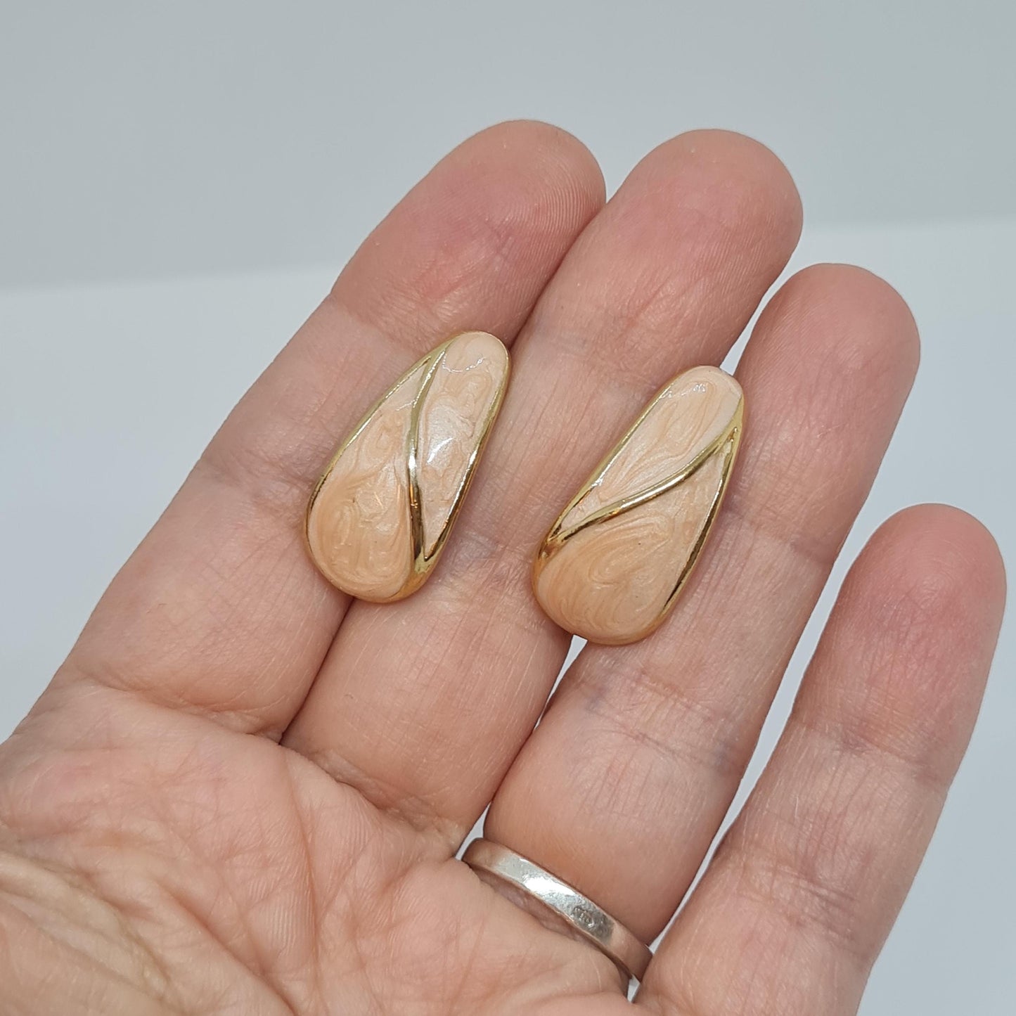 Vintage TRIFARI Enamel Earrings: Peach Teardrop Gold-Tone