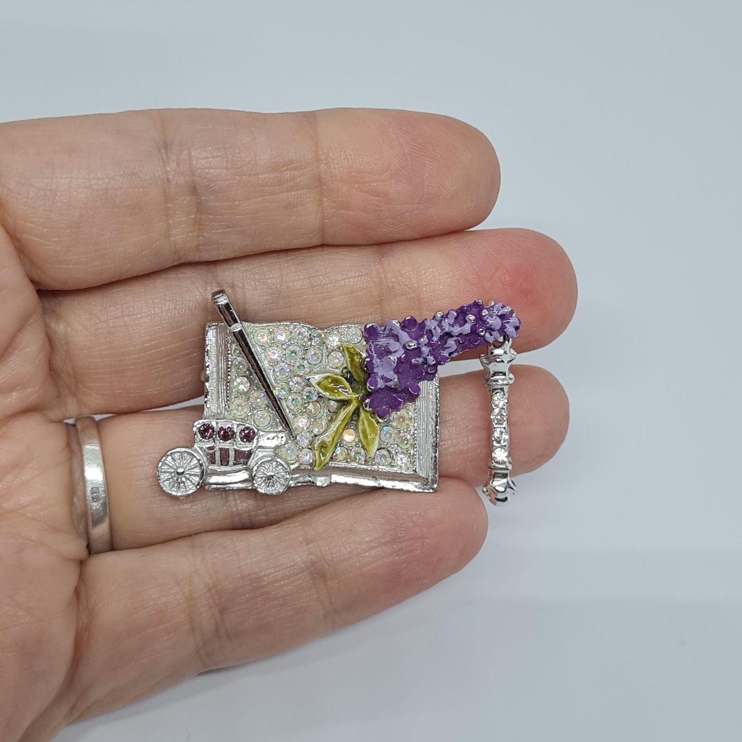Vintage LINDEBURG 1972 Carriage Brooch: Silver-Tone AB Rhinestone & Purple Enamel