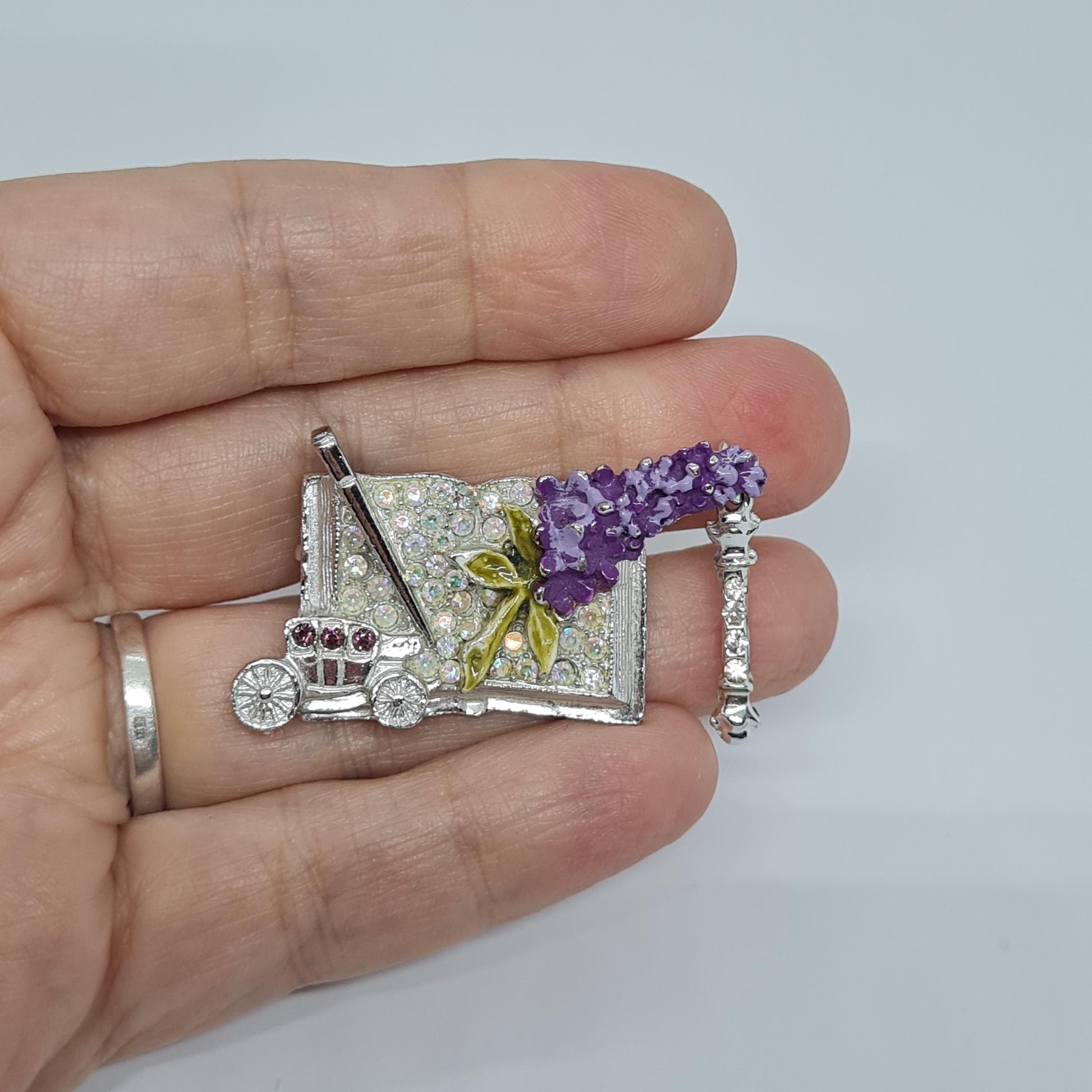 Vintage LINDEBURG 1972 Carriage Brooch: Silver-Tone AB Rhinestone & Purple Enamel
