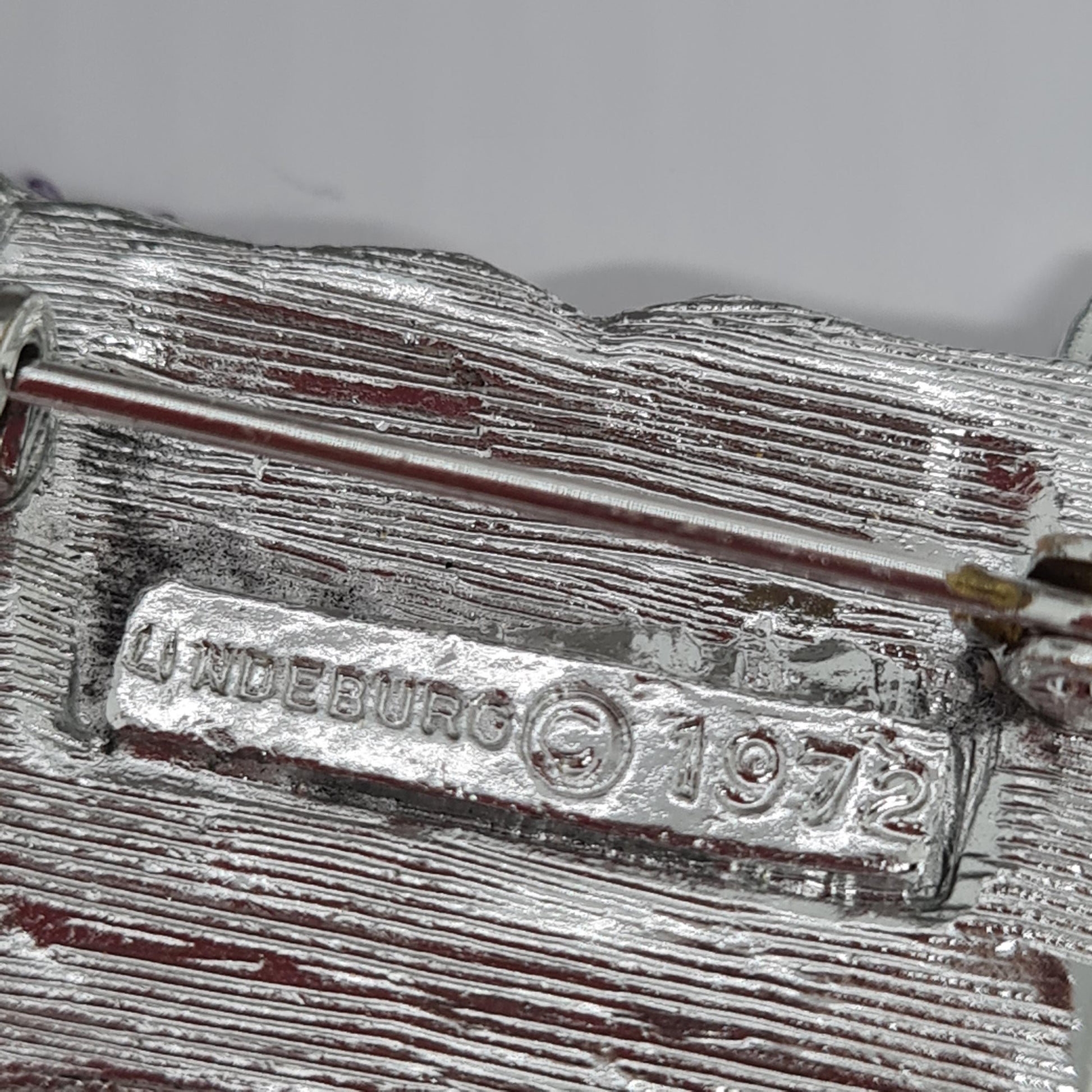 Vintage LINDEBURG 1972 Carriage Brooch: Silver-Tone AB Rhinestone & Purple Enamel