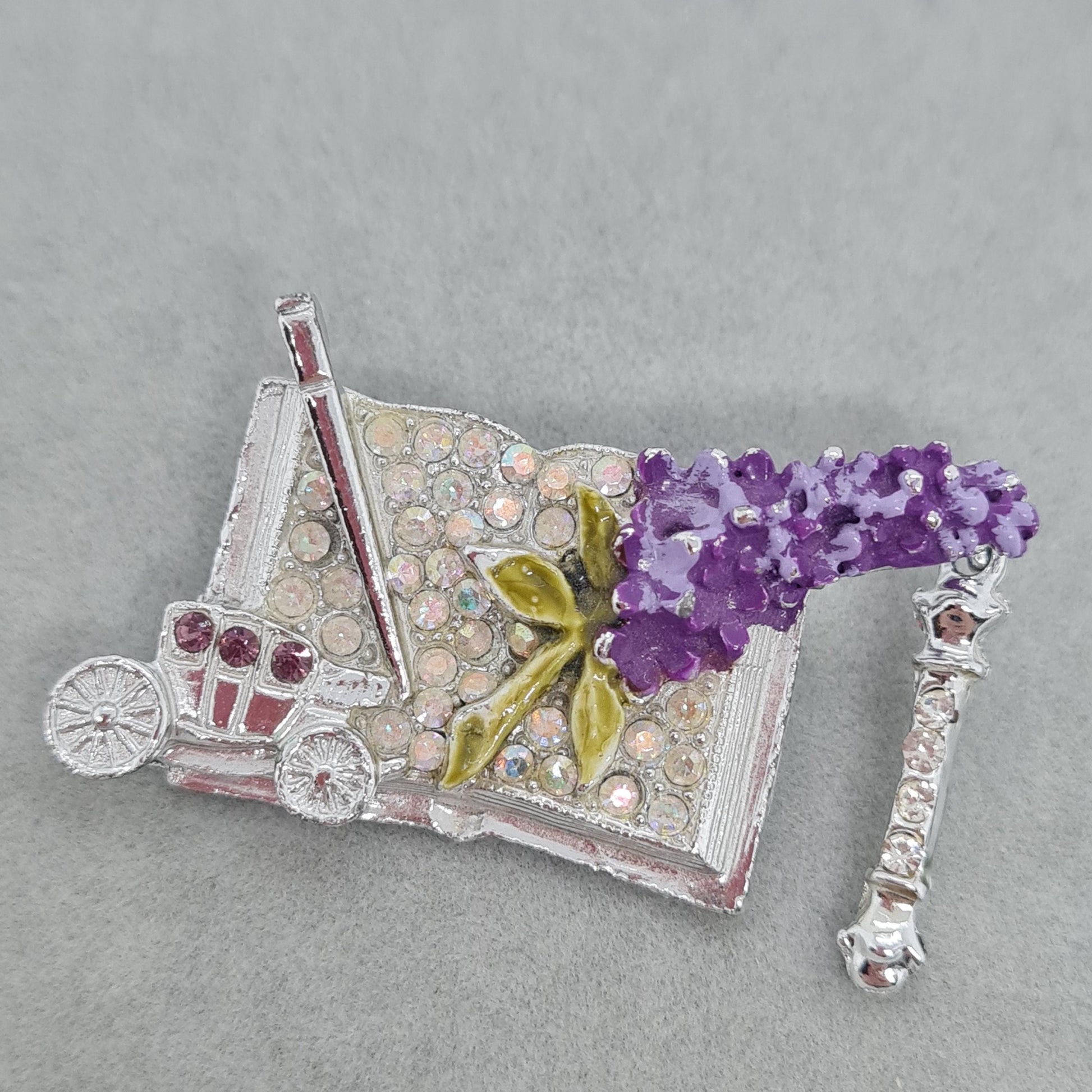 Vintage LINDEBURG 1972 Carriage Brooch: Silver-Tone AB Rhinestone & Purple Enamel