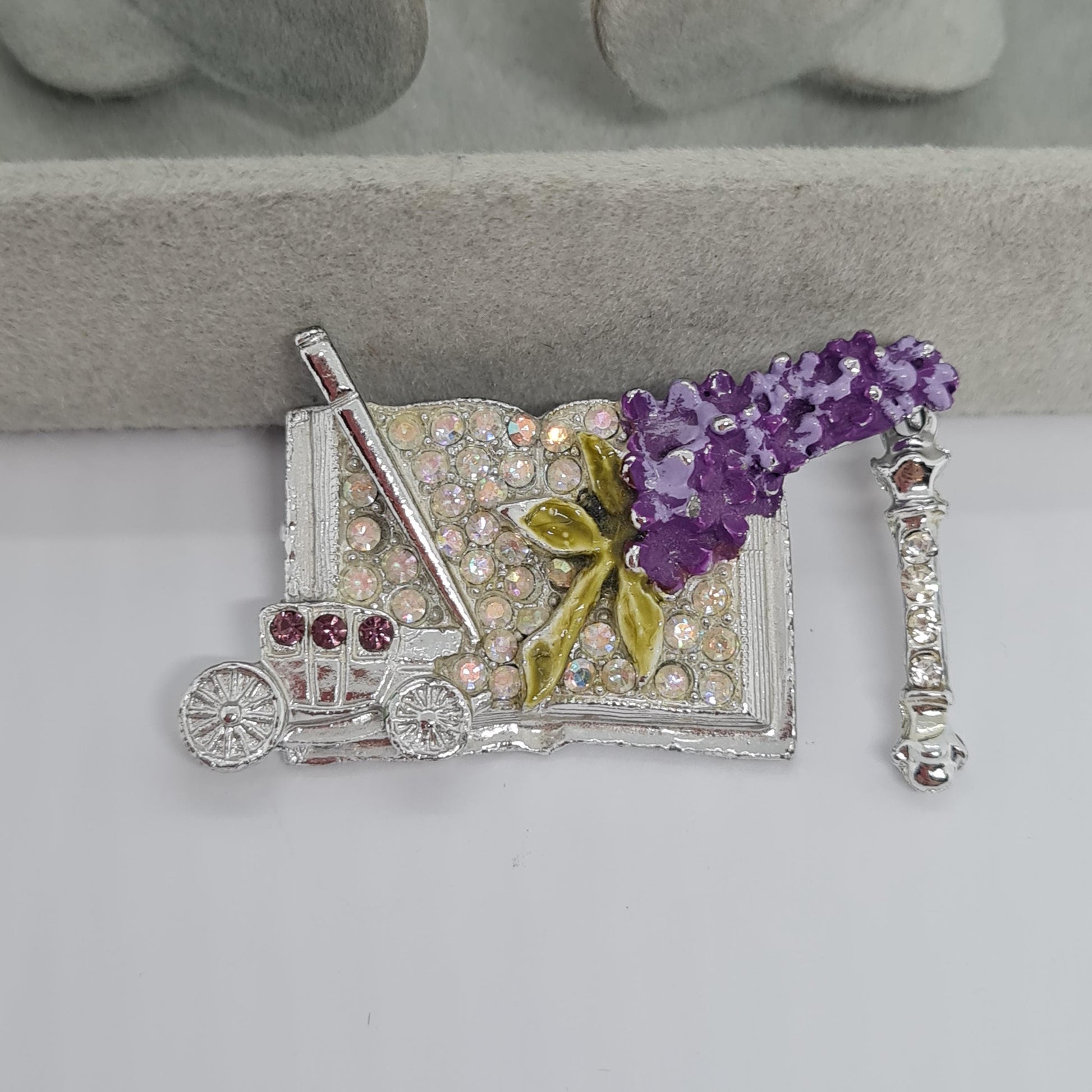 Vintage LINDEBURG 1972 Carriage Brooch: Silver-Tone AB Rhinestone & Purple Enamel