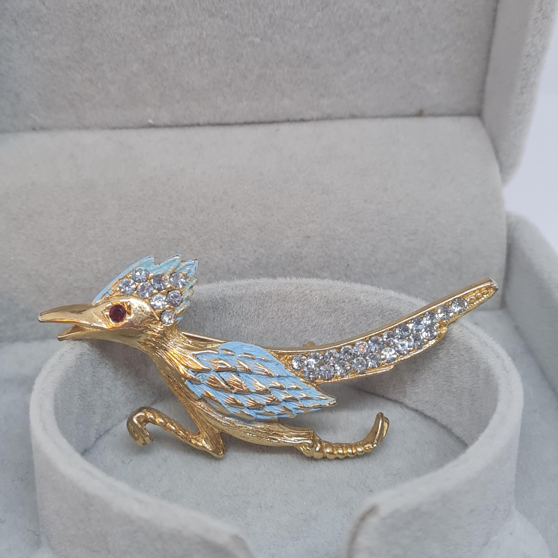 Vintage Road Runner Brooch: Gold Tone, Blue Enamel, Rhinestone Bird Pin