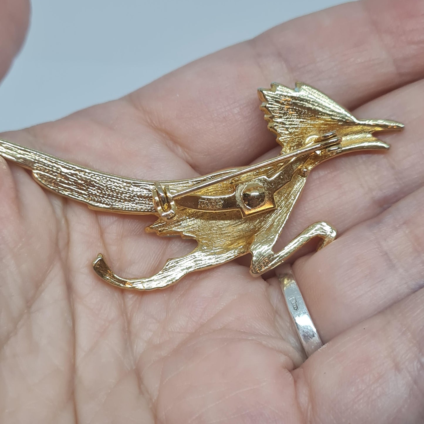 Vintage Road Runner Brooch: Gold Tone, Blue Enamel, Rhinestone Bird Pin