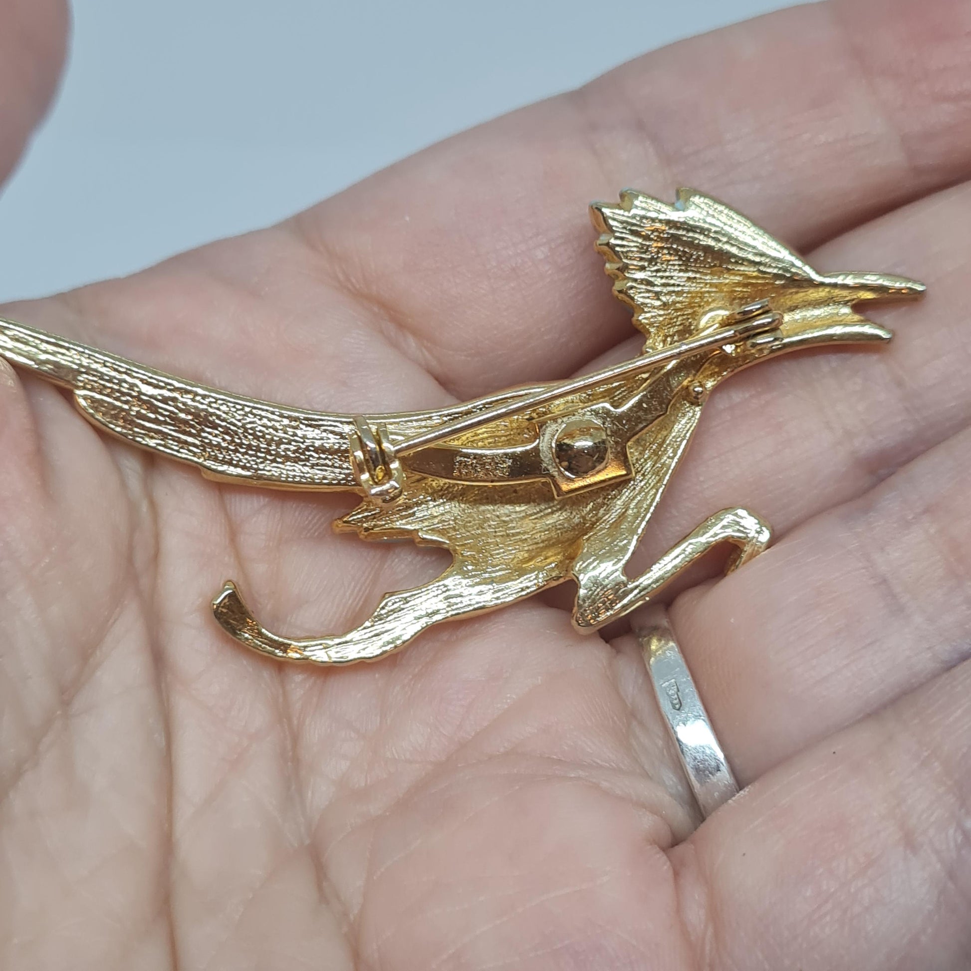 Vintage Road Runner Brooch: Gold Tone, Blue Enamel, Rhinestone Bird Pin