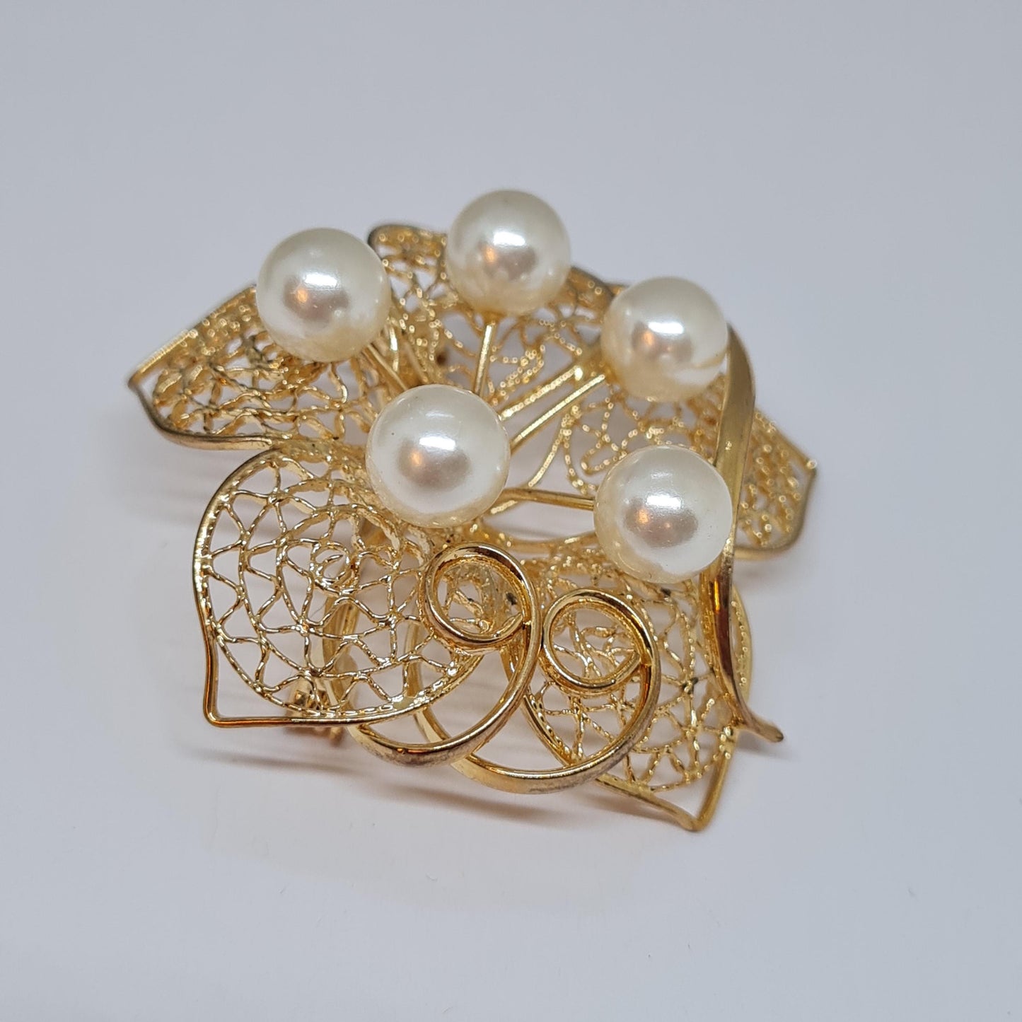 Vintage filigree flower brooch Gold-tone metal with faux pearl floral brooch pin