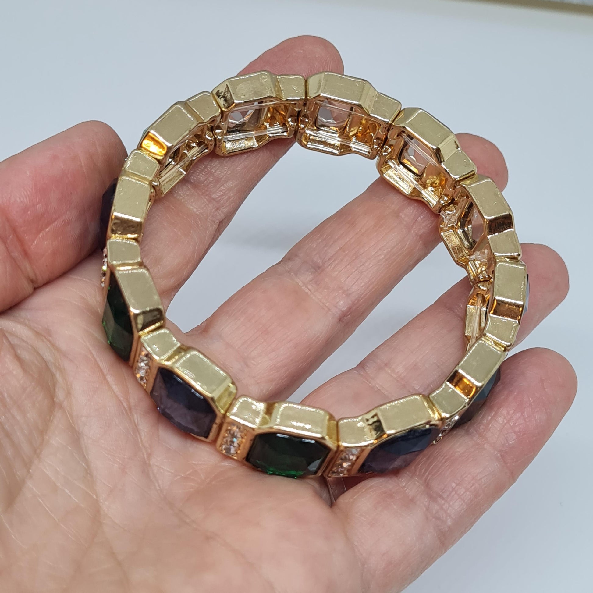 Vintage Gold Tone Stretchy Bracelet: Blue & Green Cabochons, Rhinestone Detail