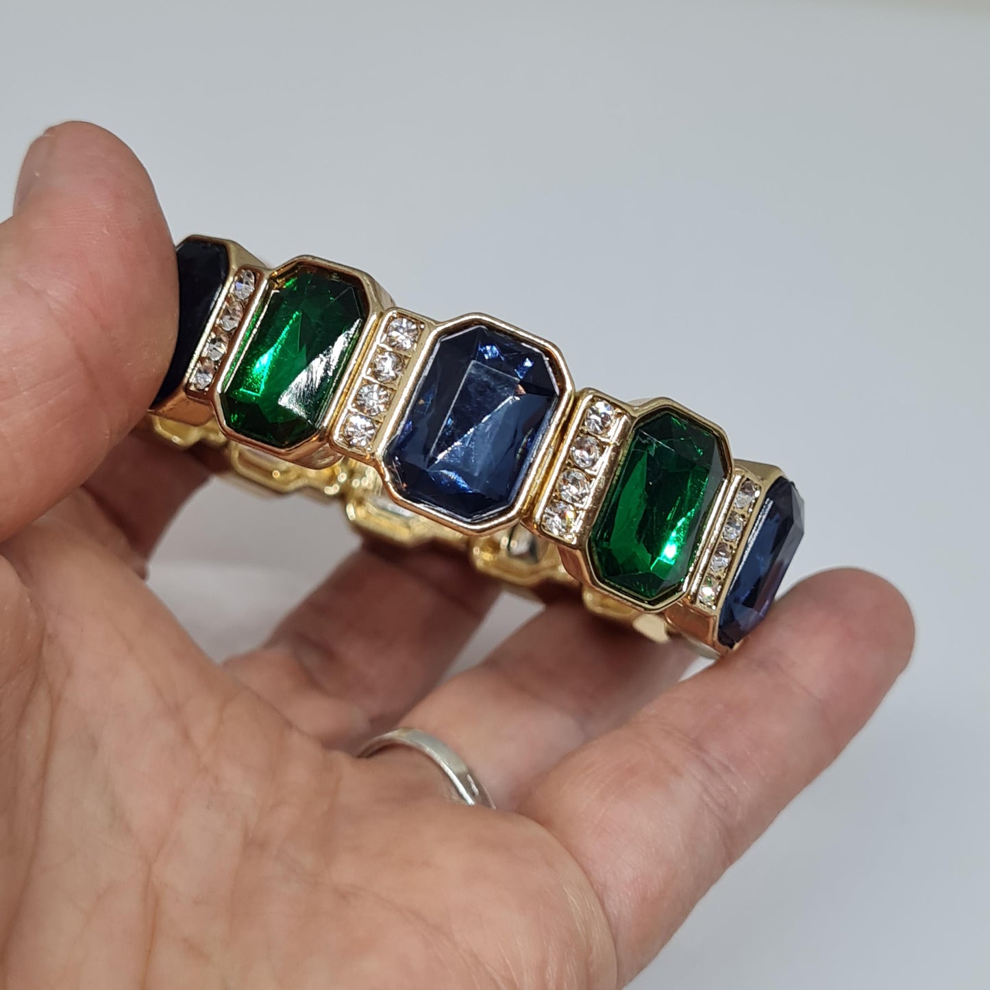 Vintage Gold Tone Stretchy Bracelet: Blue & Green Cabochons, Rhinestone Detail