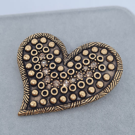 Vintage CHICO'S heart brooch. Textured bronze tone large heart brooch pin with brown rhinestones. Gift for Valentine's Day.