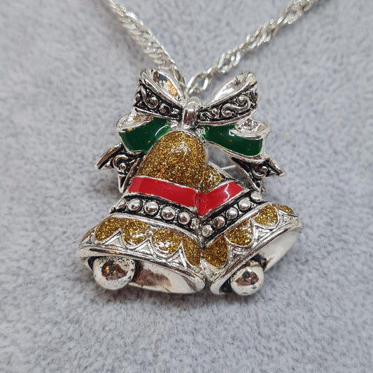 Vintage bell pendant necklace. Silver tone chain with enamel pendant and brooch in one.
