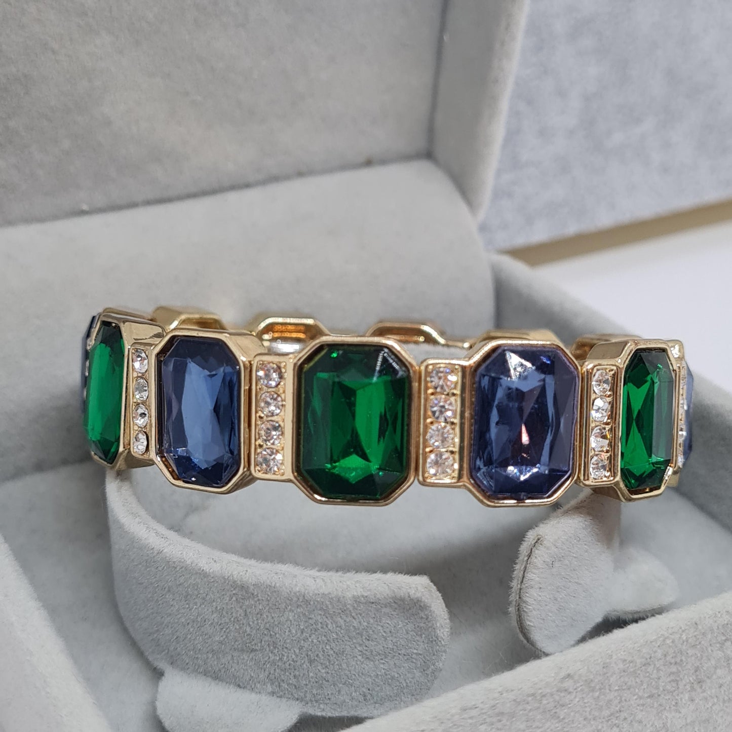 Vintage Gold Tone Stretchy Bracelet: Blue & Green Cabochons, Rhinestone Detail