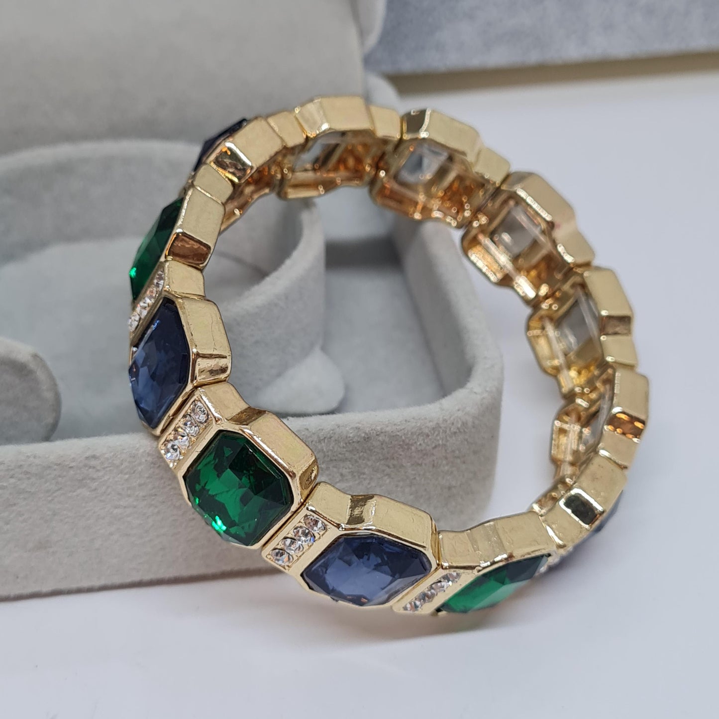 Vintage Gold Tone Stretchy Bracelet: Blue & Green Cabochons, Rhinestone Detail