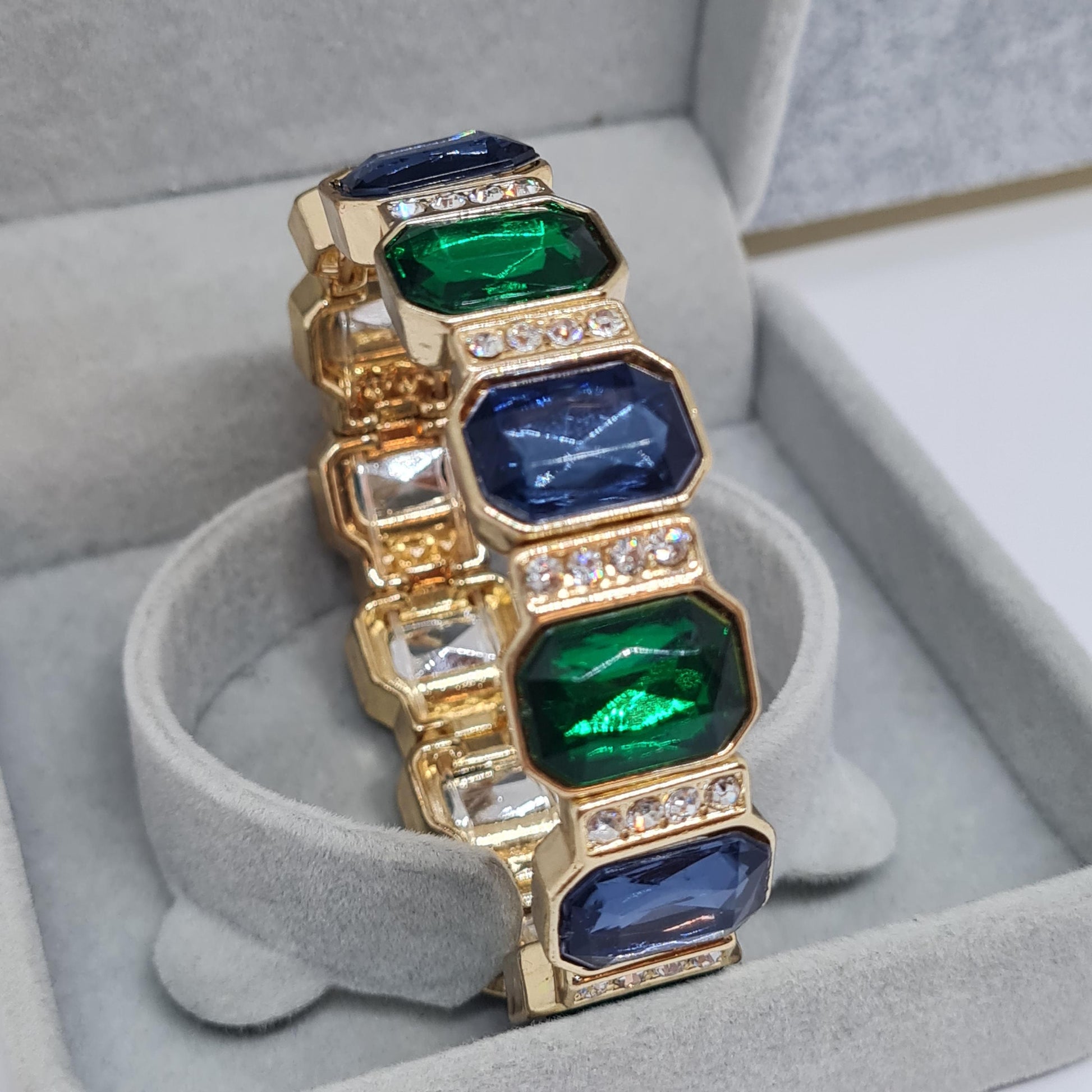 Vintage Gold Tone Stretchy Bracelet: Blue & Green Cabochons, Rhinestone Detail