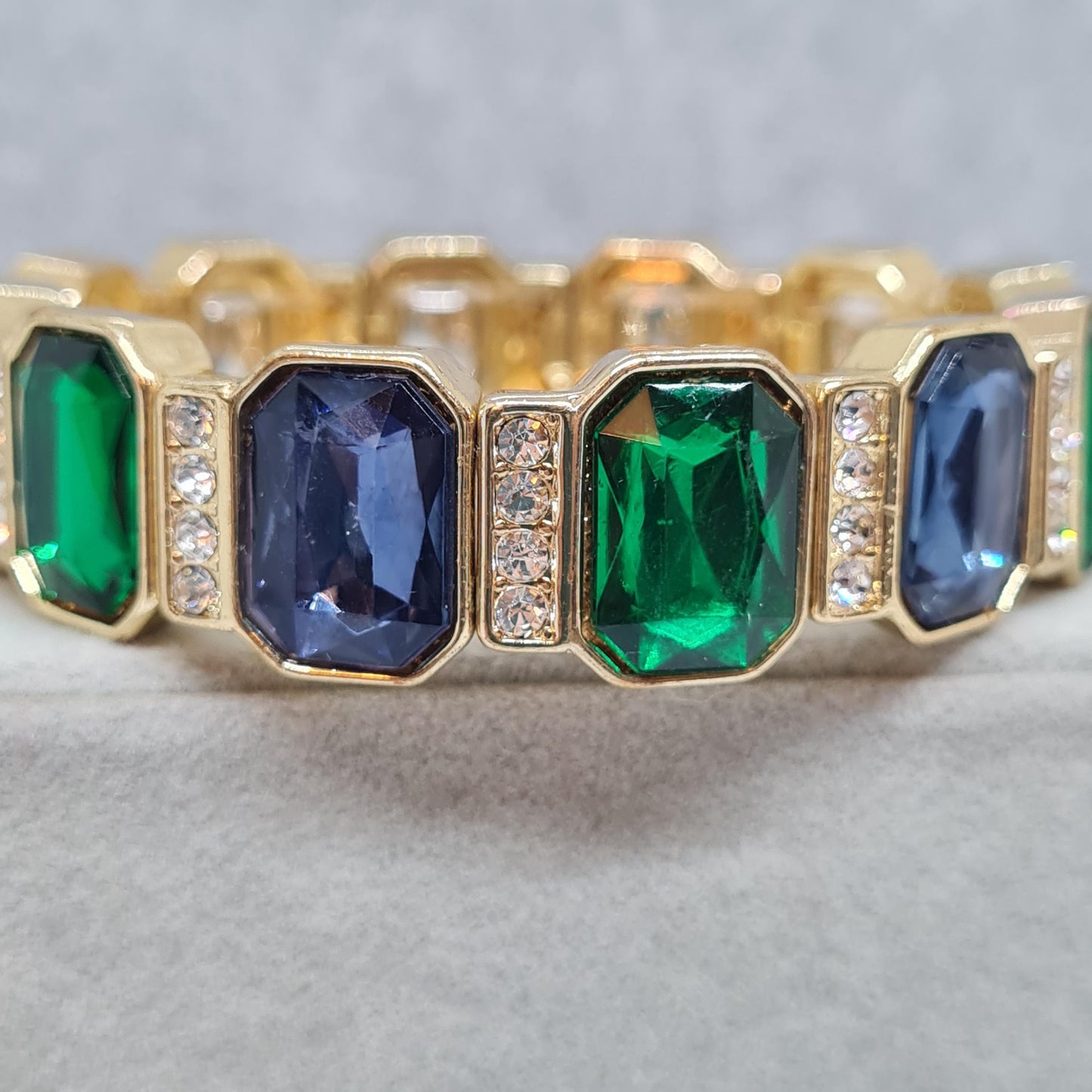 Vintage Gold Tone Stretchy Bracelet: Blue & Green Cabochons, Rhinestone Detail