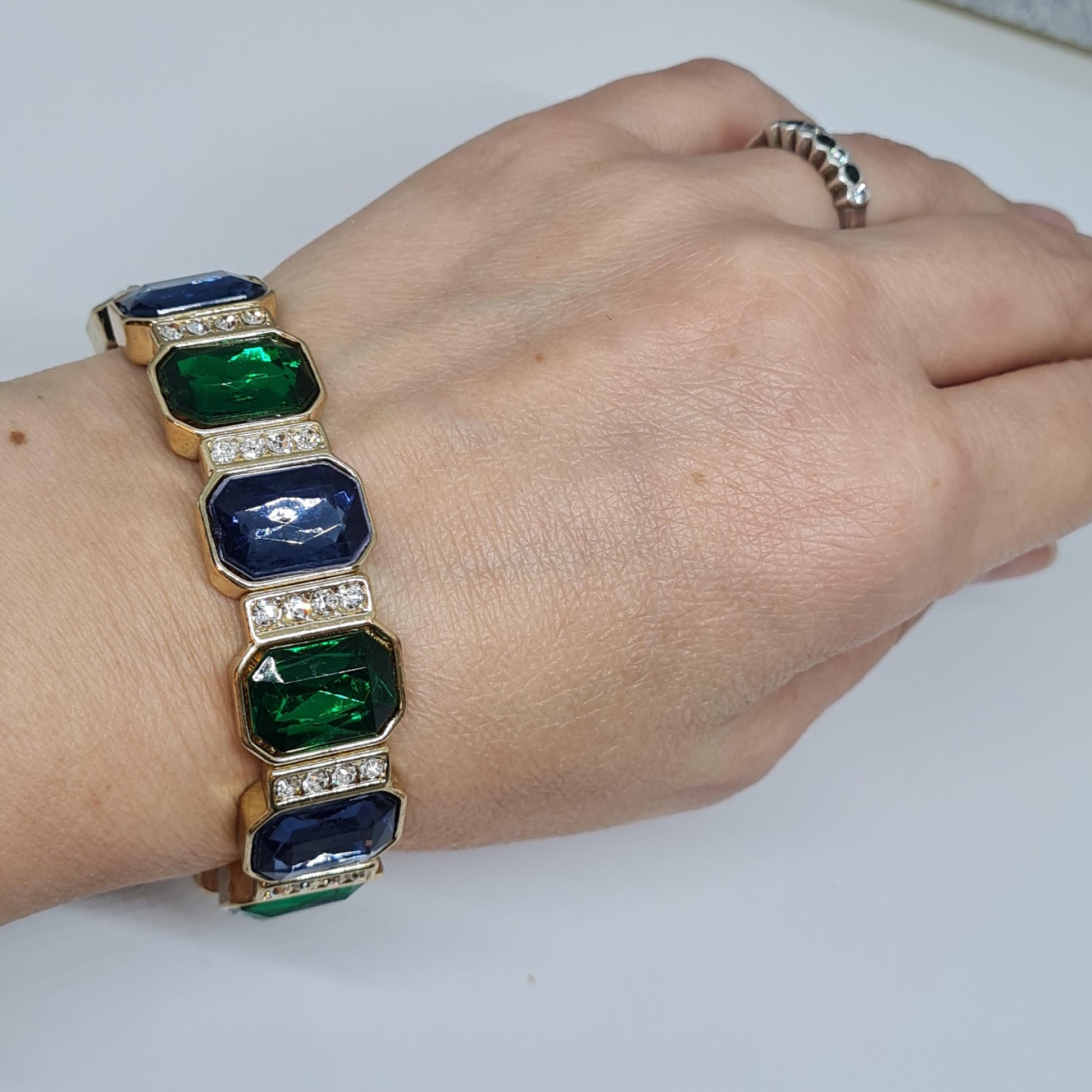 Vintage Gold Tone Stretchy Bracelet: Blue & Green Cabochons, Rhinestone Detail