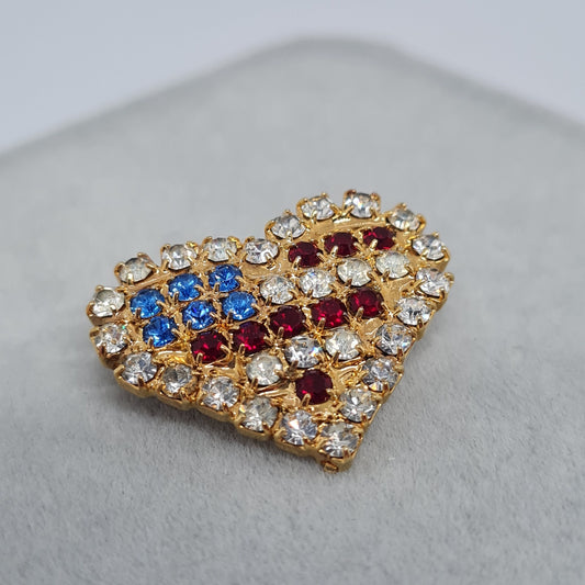 Vintage USA flag brooch. This tiny gold-tone metal brooch pin has clear, blue, and red rhinestones. It's a great gift idea for Valentine's Day.