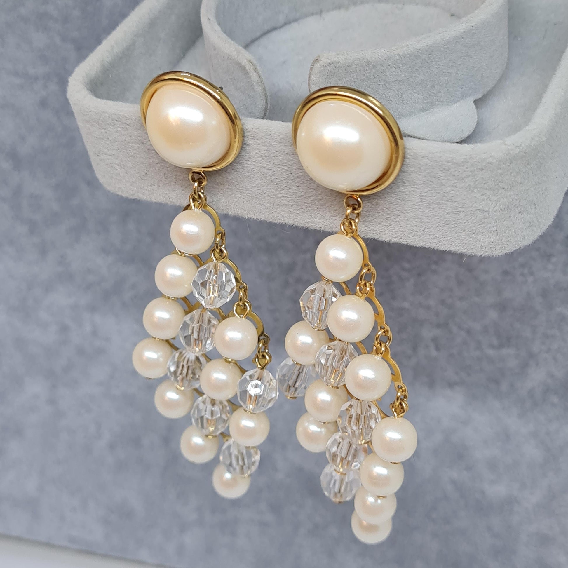 Vintage AVON Pearl Waterfall Earrings: Gold-Tone Dangle Earrings