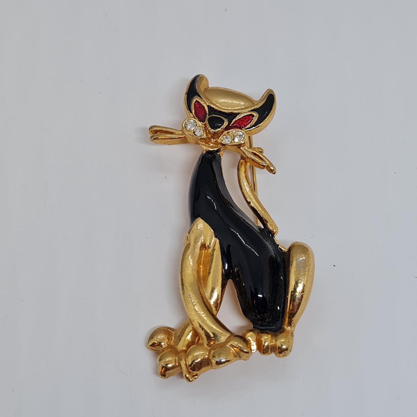 Vintage Enamel Cat Brooch: Gold Tone Rhinestone Pin