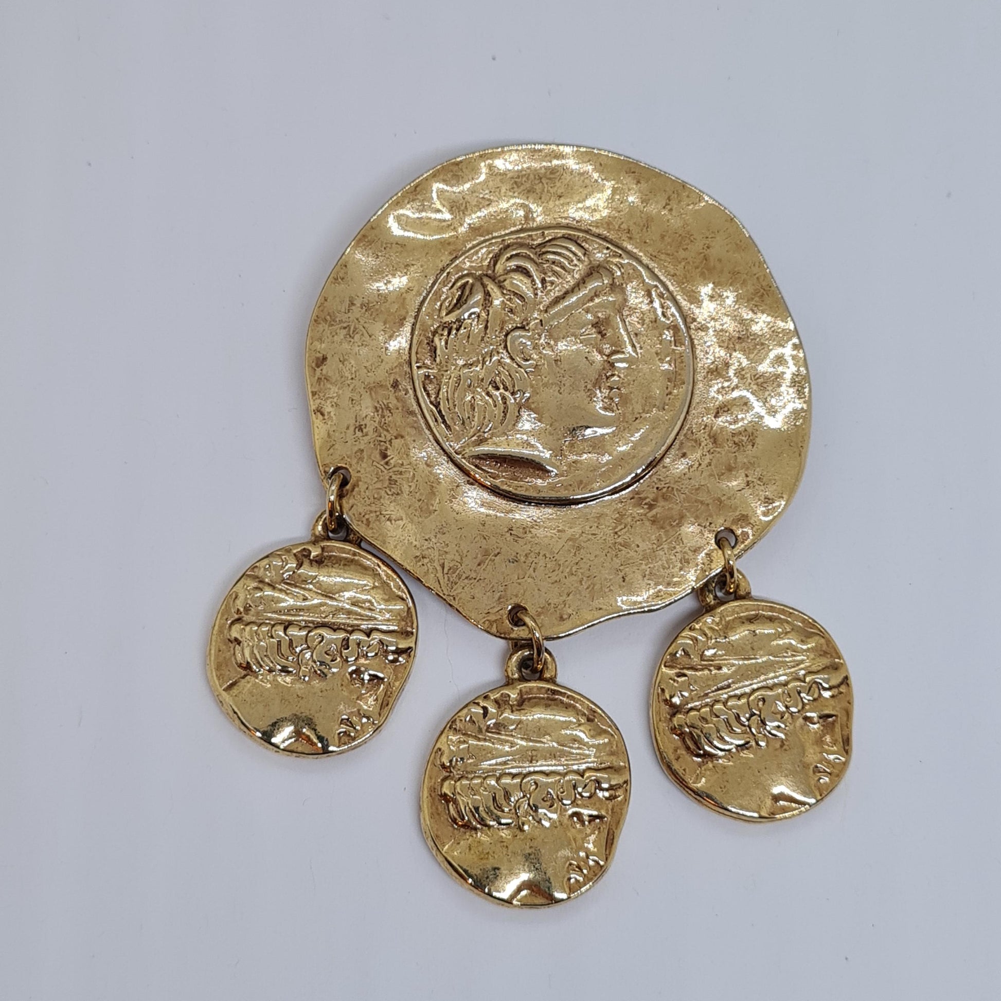 Vintage Roman brooch Textured gold-tone metal pin with ancient coin charm with Athena's owl