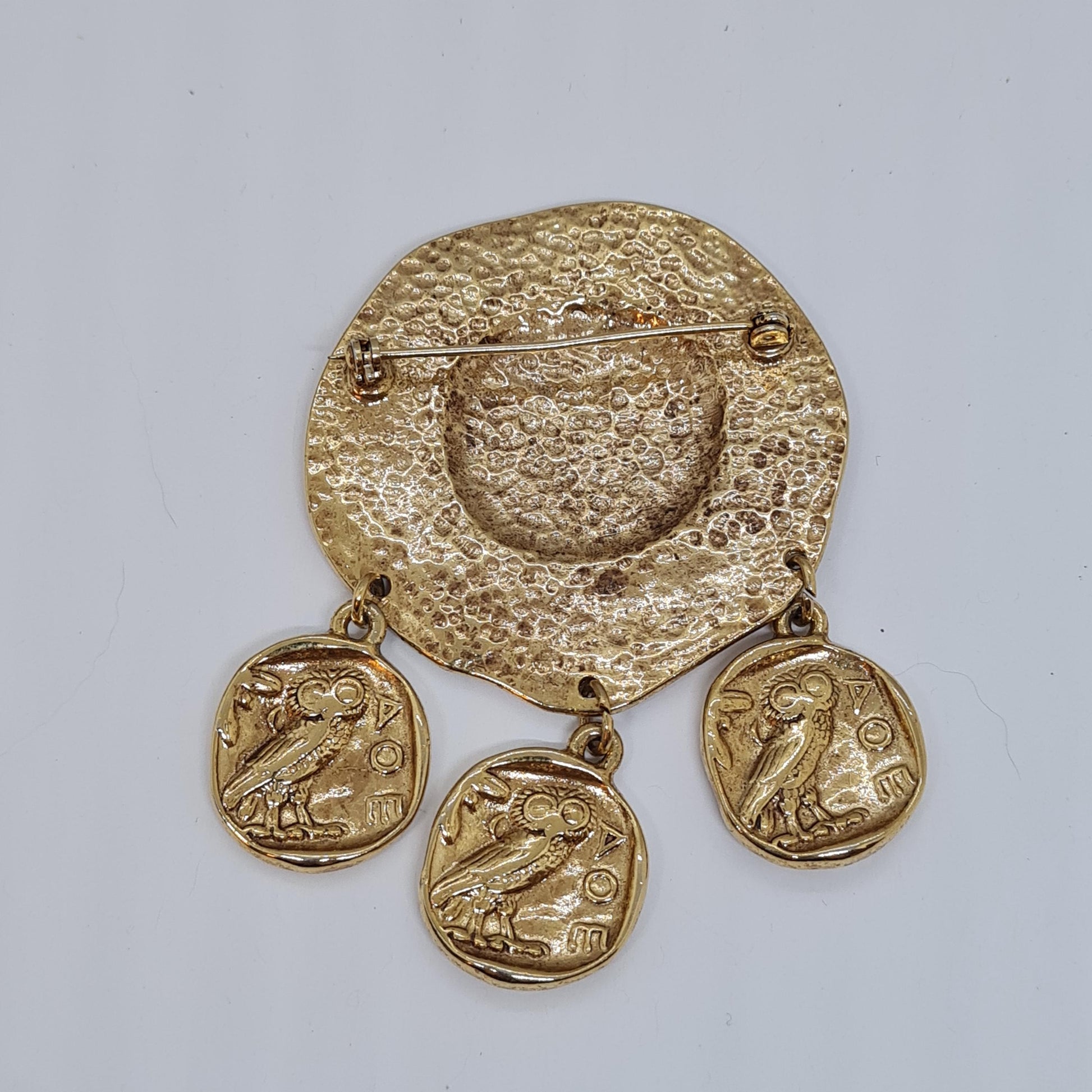 Vintage Roman brooch Textured gold-tone metal pin with ancient coin charm with Athena's owl