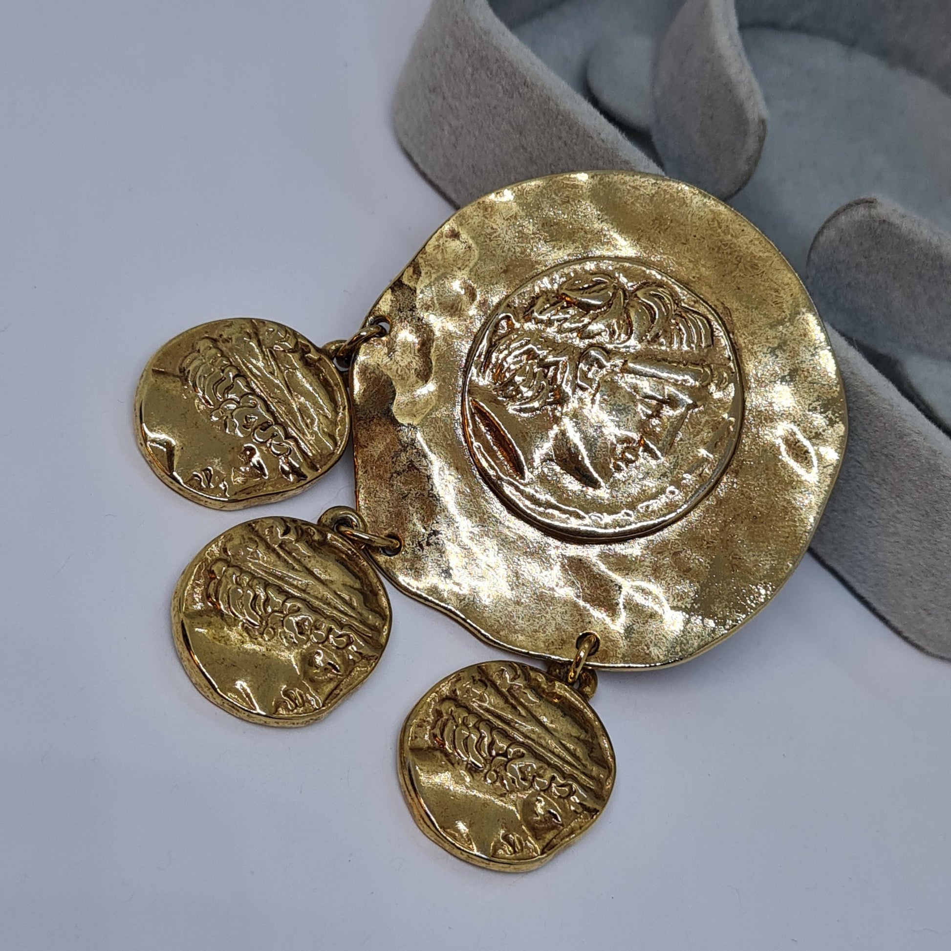 Vintage Roman brooch Textured gold-tone metal pin with ancient coin charm with Athena's owl