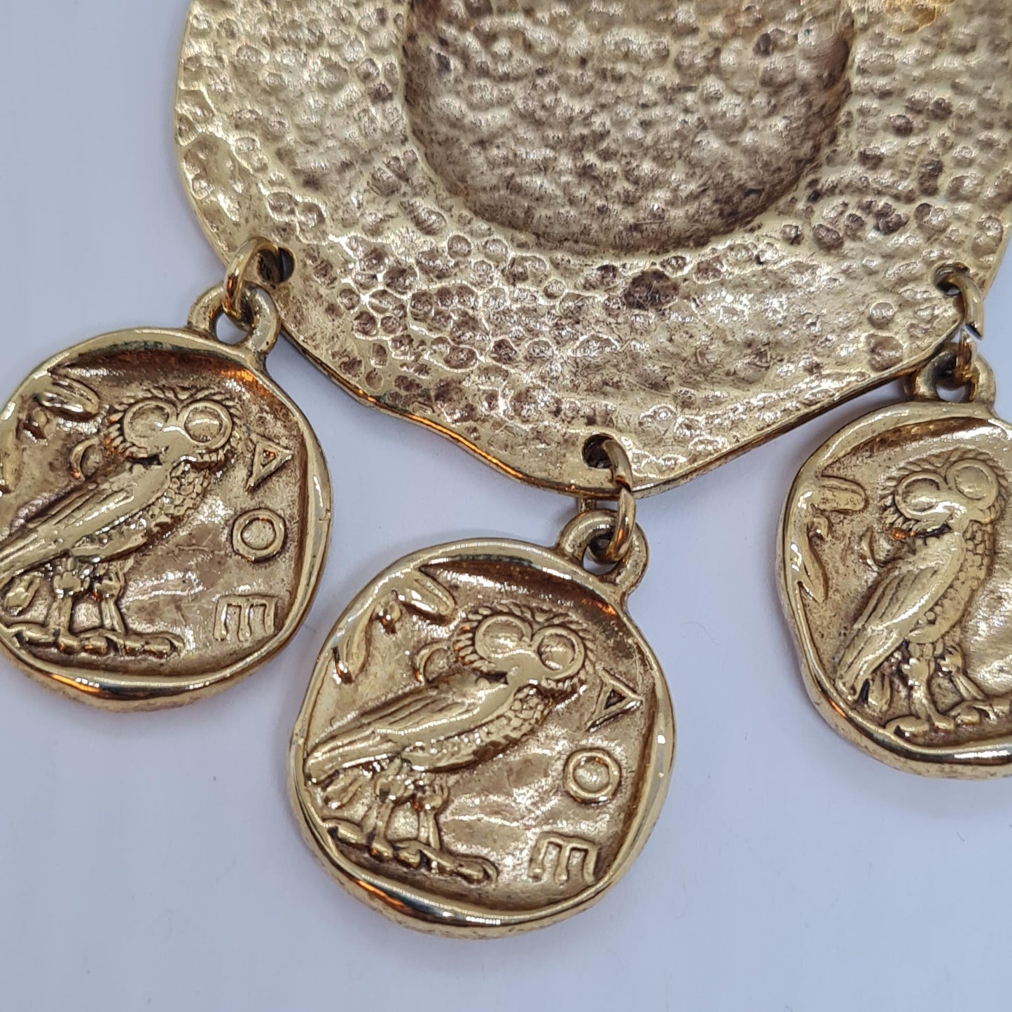 Vintage Roman brooch Textured gold-tone metal pin with ancient coin charm with Athena's owl