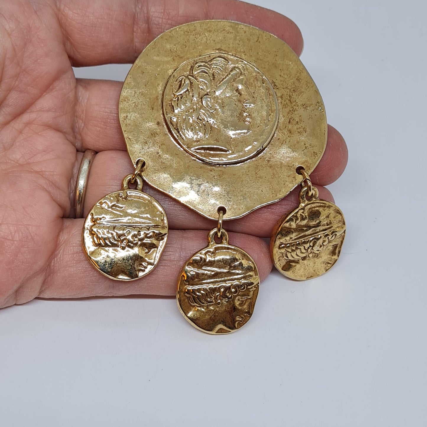 Vintage Roman brooch Textured gold-tone metal pin with ancient coin charm with Athena's owl