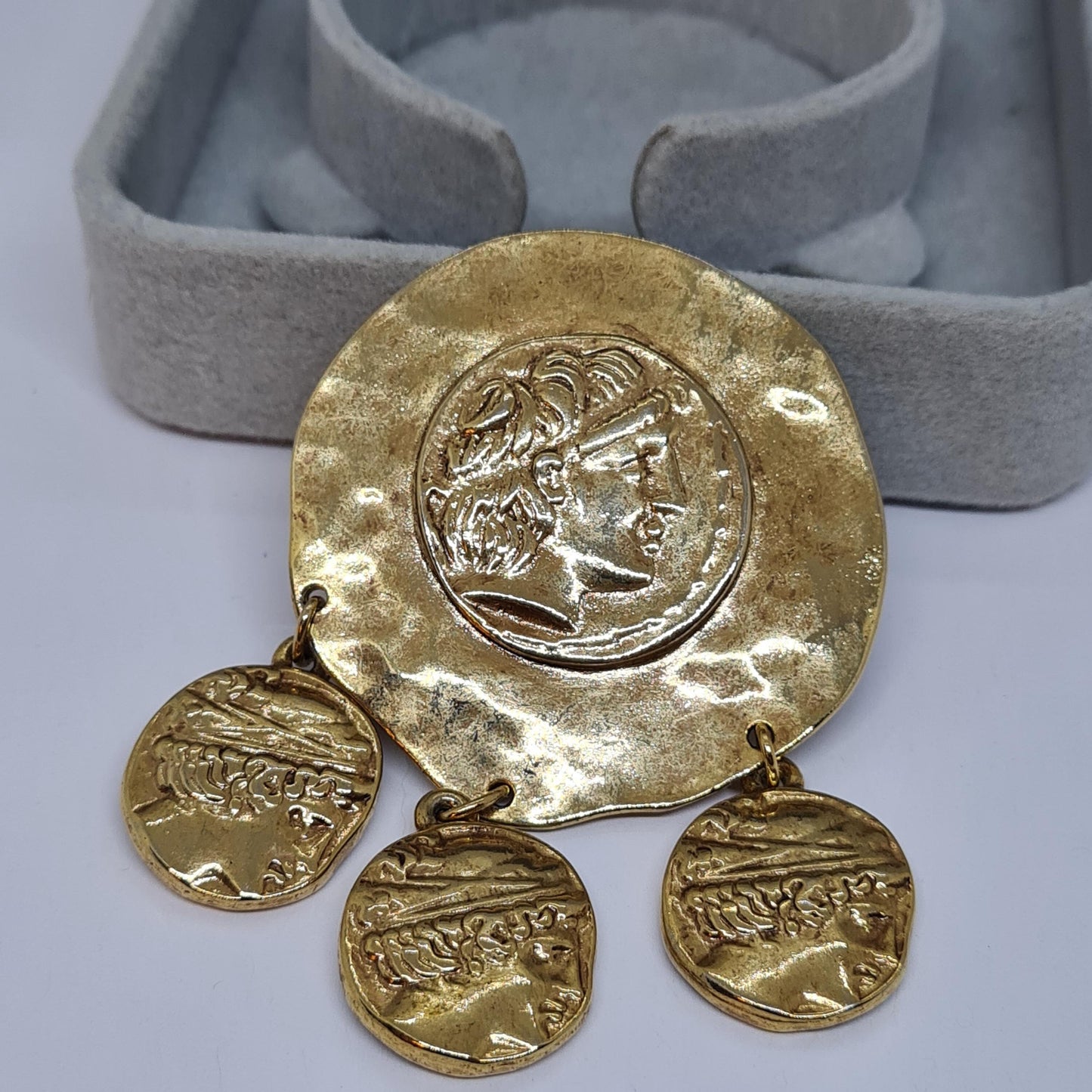 Vintage Roman brooch. Textured gold-tone metal pin with ancient coin charm with Athena's owl.