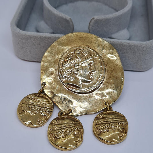 Vintage Roman brooch. Textured gold-tone metal pin with ancient coin charm with Athena's owl.